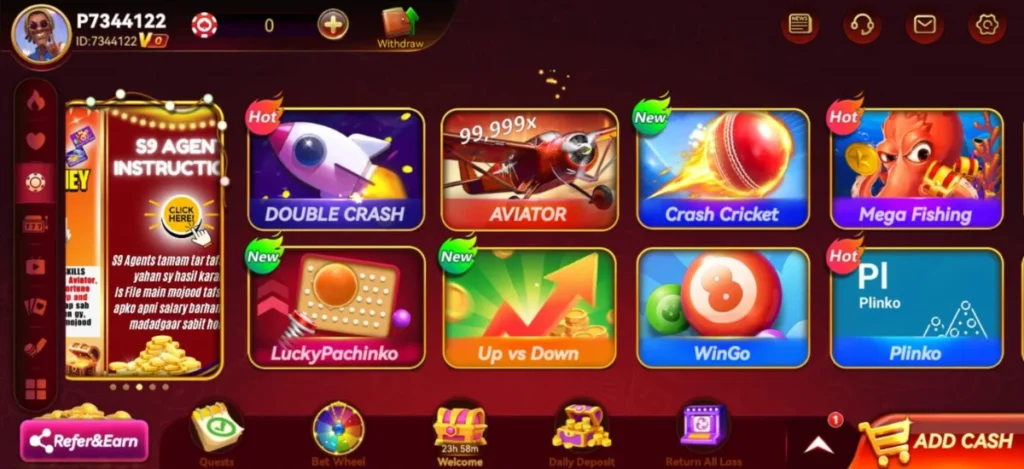 S9 Game 2025 APK Download Pakistan’s Ultimate All-in-One Gaming & Earning App Free 3 S9 Game home screen featuring popular games like Aviator, Double Crash, Crash Cricket, Mega Fishing, and Plinko.