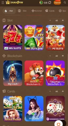 ShahSpin Game APK Download For Free Play, Win & Earn Real Rewards 3 ShahSpin Game app interface showing slot, blockchain, and card game categories.
