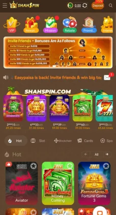 ShahSpin Game APK Download For Free Play, Win & Earn Real Rewards 2 ShahSpin Game mobile app interface showing top games, bonuses, and deposit options.