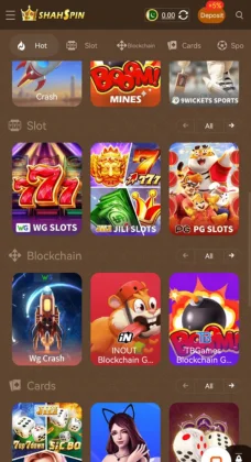 ShahSpin Game APK Download For Free Play, Win & Earn Real Rewards 5 Mobile app interface of "ShahSpin" showing categories like Hot, Slot, Blockchain, and Cards with various colorful game icons.