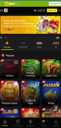 BBA 777 APK Download– The Ultimate Android Game of Strength, Skill & Success 3 BBA 777 mobile app home screen displaying popular casino games and a deposit bonus banner.