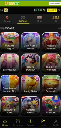 BBA 777 APK Download– The Ultimate Android Game of Strength, Skill & Success 2 Mobile interface of the BBA 777 game app showing a grid of slot games under the "PGGAME" tab.