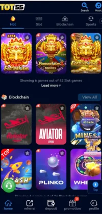 TOT 55 Game APK Download Best Real Cash Game App 3 Screenshot of TOT 55 app showing slot games and blockchain-based games.