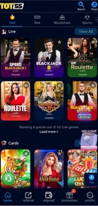 TOT 55 Game APK Download Best Real Cash Game App 2 TOT 55 Game Screenshot of a casino gaming app interface showing live games and card games.