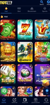 TOT 55 Game APK Download Best Real Cash Game App 5 TOT 55 Game screen showing popular hot games, including Andar Bahar, Ludo, Rummy, and slots.