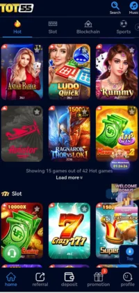 TOT 55 Game APK Download Best Real Cash Game App 4 TOT 55 Game screen showing popular hot games, including Andar Bahar, Ludo, Rummy, and slots.