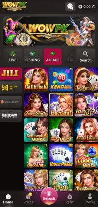 WOW PK Game APK Download Free (Real Earn Money) in Pakistan 5 WOW PK gaming app interface showing multiple card and casino games like Teen Patti, Callbreak, Baccarat, and Poker.