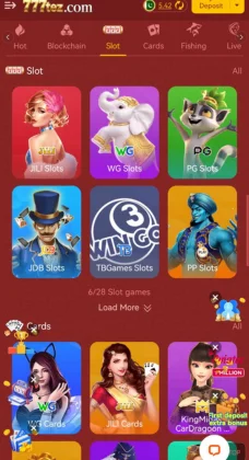 777 Tez Game app interface displaying slot and card game categories