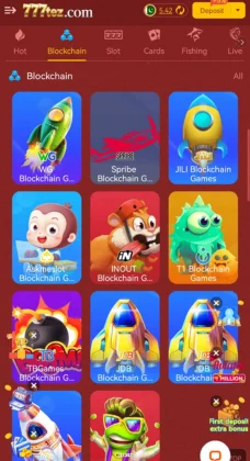777 Tez Game Mobile app screen showing blockchain game options on 777tez.com