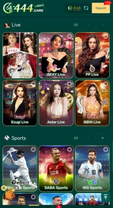C444 Game Mobile gaming app screen displaying live casino and sports game options.