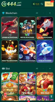 C444 Game app screen showing blockchain and slot game categories including Sprite Blockchain, WG Blockchain, JILI Blockchain, and popular slot titles.