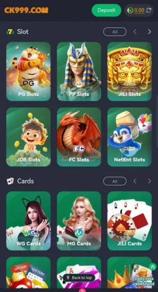 CK999 Game APK Download Free Fast Earnings, Fun Gaming & Instant Withdrawals 3 CK999 Game screenshot displaying slot categories like PG, PP, JILI, JDB, FC, NetEnt and card games such as WG, MG, and JILI Cards.