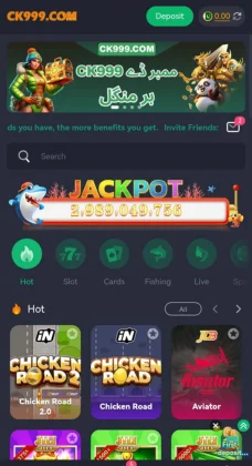 CK999 Game APK Download Free Fast Earnings, Fun Gaming & Instant Withdrawals 2 Screenshot of CK999 Game mobile app showing jackpot amount, deposit button, and hot games like Chicken Road and Aviator.