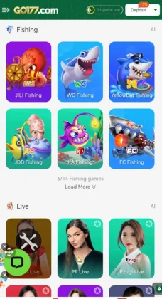 Go177 Game APK Download The Ultimate Play-to-Earn Experience For Free 4 Mobile gaming Go177 Game app screen showing fishing and live streaming game options.
