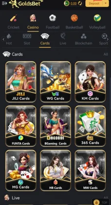 GoldsBet Game app interface showing casino card game categories