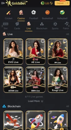 A screenshot of the GoldsBet mobile app showing the "Live" casino section