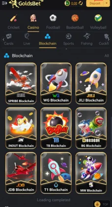 A mobile app screen from GoldsBet showing the "Blockchain" gaming section