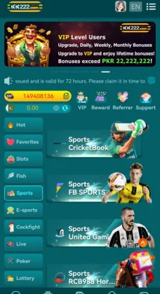 KK222 Game app screen showing sports betting categories