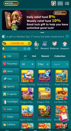 KK222 Game app interface showing categories like slots, fishing, e-sports, and popular games