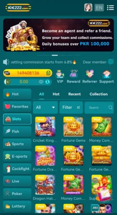 KK222 gaming app homepage with slots, sports, poker, and bonus banner