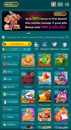 KK222 mobile gaming app interface showing slots, cricket, poker, and other game icons