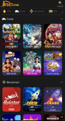 W567 Game APK Download Free The Future of Online Gaming in Android 2 W567 Game app interface showing categories.
