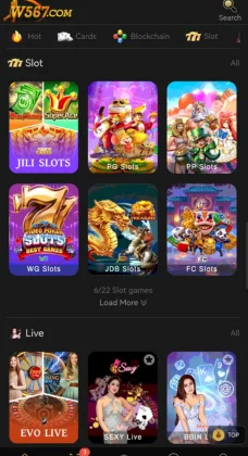 W567 Game APK Download Free The Future of Online Gaming in Android 5 Mobile gaming app screen showing slot and live casino game options with colorful graphics.