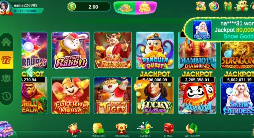 WT777 Game APK Download The Ultimate Play-to-Earn App For Free 2 WT777 game interface showing slot games like Fortune Rabbit, Penguin Quest, Mammoth Diamond, Lucky Dollars, and Snow Goddess.