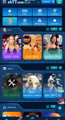 ZK77 Game Online gaming platform homepage showing live casino, sports betting, and blockchain options.