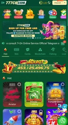 777CB Game home screen showing slot games, jackpot amount, and various gaming categories such as Hot, Slot, Cards, Blockchain, Fishing, and Live.