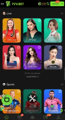 7VV BET Game app showing live casino hosts and sports betting options