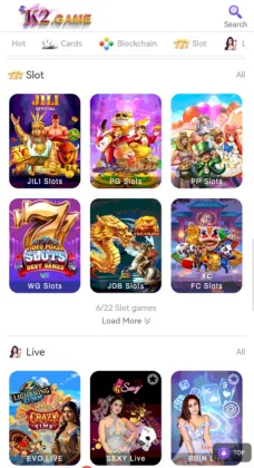 K2 Game slot and live games screen displaying titles like JILI Slots, PG Slots, and Sexy Live.
