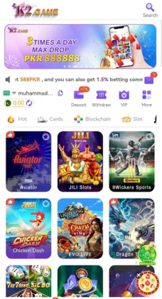 K2 Game app interface showing various casino and card games with a banner highlighting daily cash rewards.