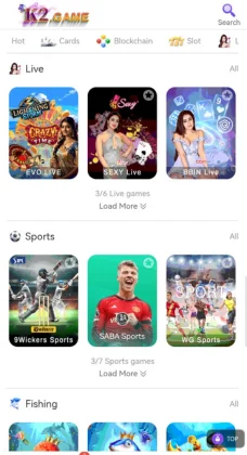 K2 Game Screenshot of a mobile gaming app interface showing various game categories.