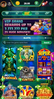 A mobile game interface for “Lucky PK 777” showing various slot machine games.