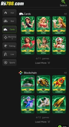 Screenshot of the RS786 Game  gaming interface showing card and blockchain game categories.