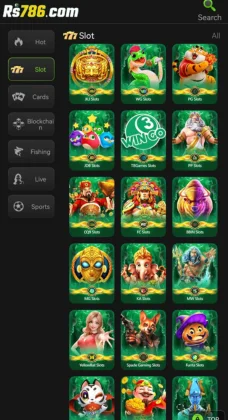 Screenshot of the RS786 Game slot section showing multiple casino-style slot games like 777 Slot, Bingo, Myth Slots, and Spade Gaming Slots.