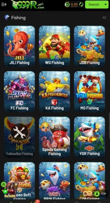 Mobile game interface from 999R.com showing various fishing-themed slot games.