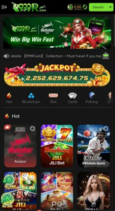 Screenshot of the 999R Game app home screen showing Aviator, JILI Slot, Wickets Spots, and other casino-style games with a large jackpot banner.
