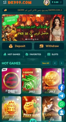 DK999 Game home screen displaying promotional banner, deposit and withdrawal buttons.