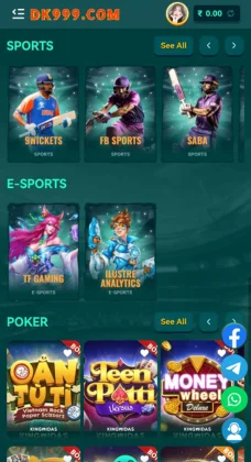 DK999 Game app interface showing sports, e-sports, and poker categories.