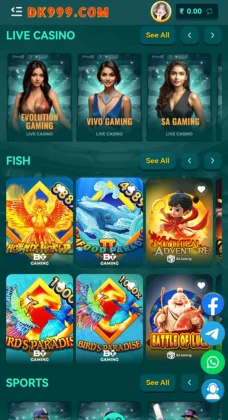 Mobile view of DK999 Game casino app highlighting live casino dealers and fish shooting games.