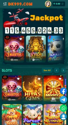 Mobile screen of the  DK999 Game casino app featuring slot games and a large jackpot display.Mobile screen of the DK999 casino app featuring slot games and a large jackpot display.