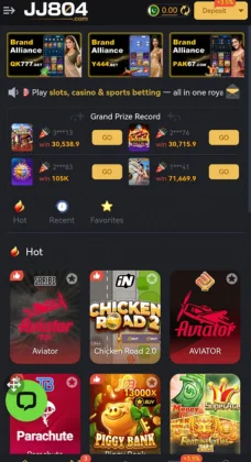 JJ804 Game A mobile gaming app home screen showing various slot, casino, and betting game.
