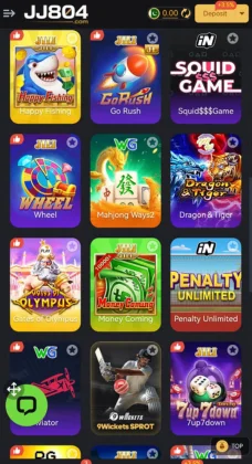 JJ804 game lobby showing multiple game icons, including Happy Fishing
