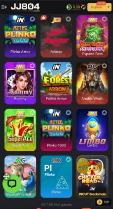 JJ804 Game A mobile gaming platform screen featuring various game icons such as Plinko Aztec, Aviator, Rummy.