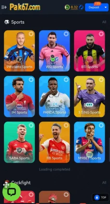 A mobile game screen from Pak67 Game showing colorful sports betting options featuring athletes in different uniforms.