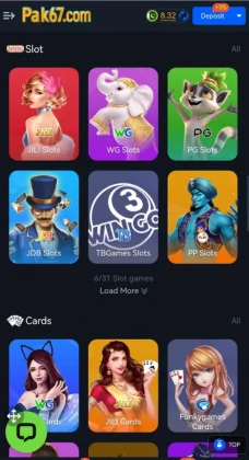 A mobile game interface from Pak67 Game showing various colorful slot and card game.