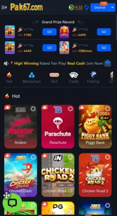 Pak67 Game  gaming lobby showing popular titles like Aviator, Parachute, Piggy Bank, and Chicken Road.