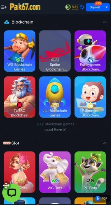 Pak67 Game  game interface showing blockchain and slot game categories on the main screen.